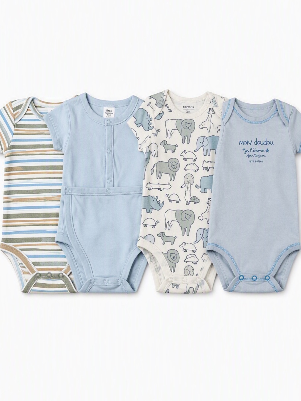 Blue Safari Baby Short Sleeve Bodysuit Bundle 4-Pack lot Animals Stripes